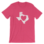 heart shape inside white Texas shape on raspberry-colored shirt