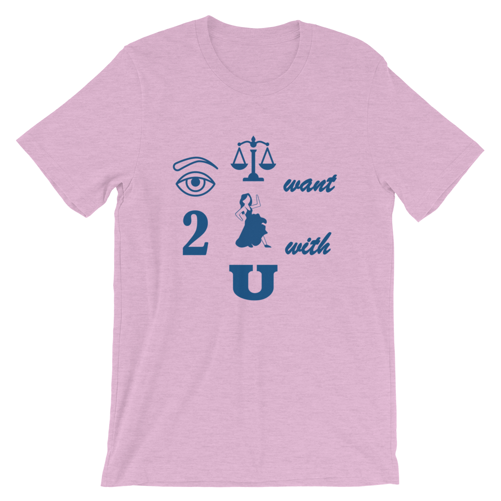 Pictograph reads: 'eye just want 2 dance with u' on lilac shirt