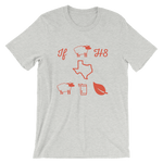 Pictograph design reads "If ewe h8 texas ewe can leaf" on grey t-shirt