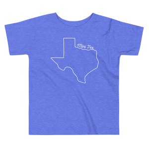 Texas outline with 'mini tex' above it on blue toddler shirt