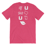 Pictograph: 'if u h8 texas u can leaf' on raspberry-colored shirt