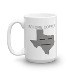 'before coffee' with image of grimacing Texas emoji, on white coffee mug