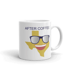 'after coffee' with image of smiling Texas emoji with sunglasses, on white coffee mug