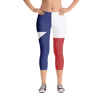 Texas flag leggings on lady, below torso, from front