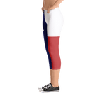 Texas flag leggings on lady, below torso, from left