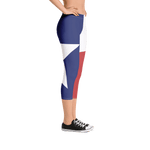 Texas flag leggings on lady, below torso, from right