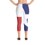 Texas flag leggings on lady, below torso, from rear