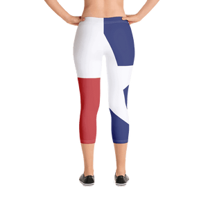 Texas flag leggings on lady, below torso, from rear
