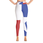 Texas flag pattern on yoga pants, on model below torso