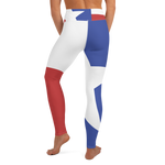 Texas flag pattern on yoga pants, on model below torso