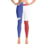 Texas flag pattern on yoga pants, on model below torso