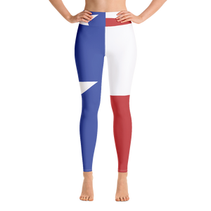 Texas flag pattern on yoga pants, on model below torso
