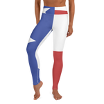 Texas flag pattern on yoga pants, on model below torso
