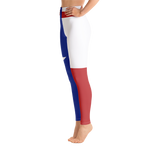 Texas flag pattern on yoga pants, on model below torso