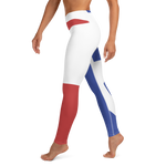 Texas flag pattern on yoga pants, on model below torso