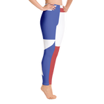 Texas flag pattern on yoga pants, on model below torso