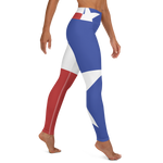 Texas flag pattern on yoga pants, on model below torso