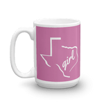 15oz coffee mug with Texas girl design, white on dark pink