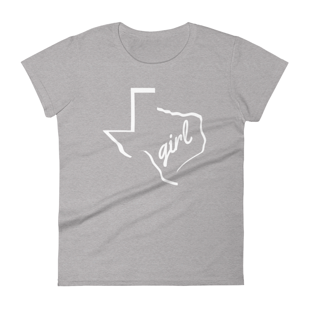 Texas girl shirt. Texas outline with "girl" inside on grey shirt