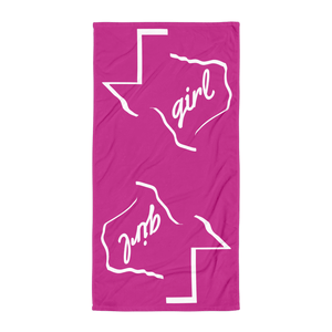 Texas outline with 'girl' inside it, on pink towel