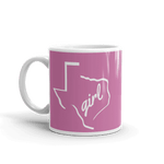 11oz coffee mug with Texas girl design, white on dark pink