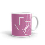 11oz coffee mug with Texas girl design, white on dark pink