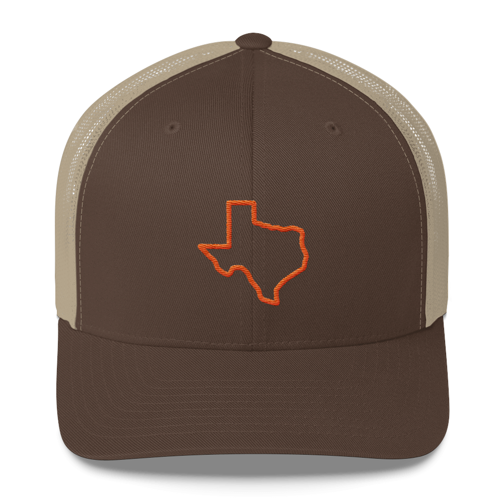 orange Texas outline on brown trucker hat
