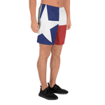Texas flag pattern shorts on male model below torso, from right