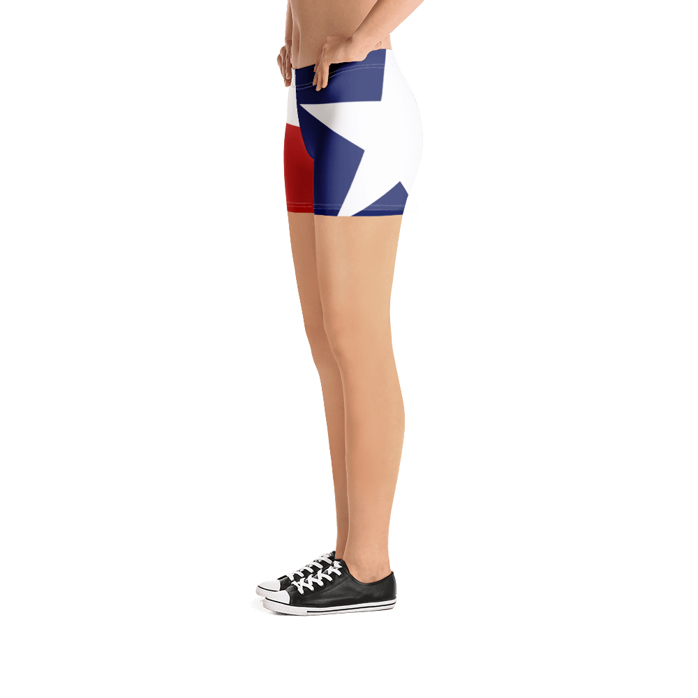 Texas flag pattern shorts on a model below torso, from left