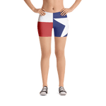 Texas flag pattern shorts on a model below torso, from front