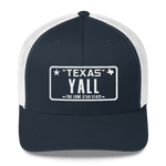 Texas Y’all license plate design on blue trucker hat