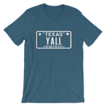 Texas license plate "YALL" design on blue shirt
