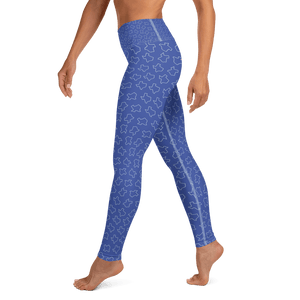 Texas shapes on blue yoga pants, worn by model from torso down, left side