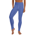 Texas shapes on blue yoga pants, worn by model from torso down