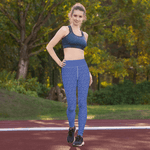 Texas shapes on blue yoga pants, worn by model on running track