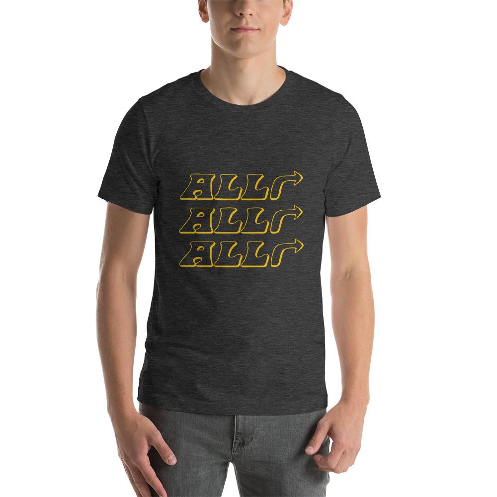 alright alright alright t-shirt, black, with arrows to the right, on male model
