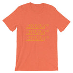 alright alright alright t-shirt, orange, with arrows to the right