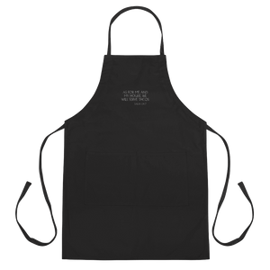 'AS FOR ME AND MY HOUSE WE WILL SERVE TACOS' embroidered on black apron