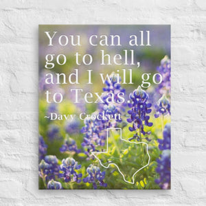 wall art that says "you can all go to hell, and I will go to Texas," with bluebonnets