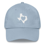 heart in Texas on light blue dad hat
