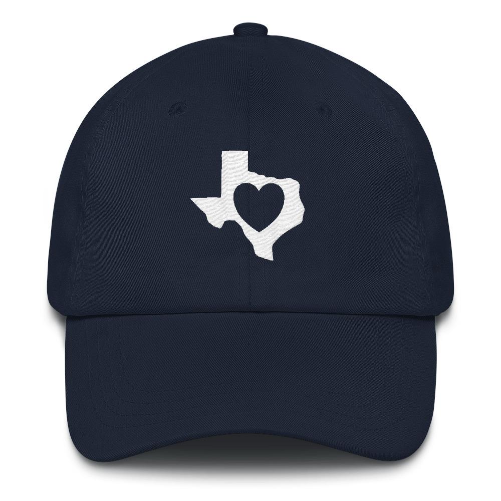 heart in Texas on dark blue dad hat