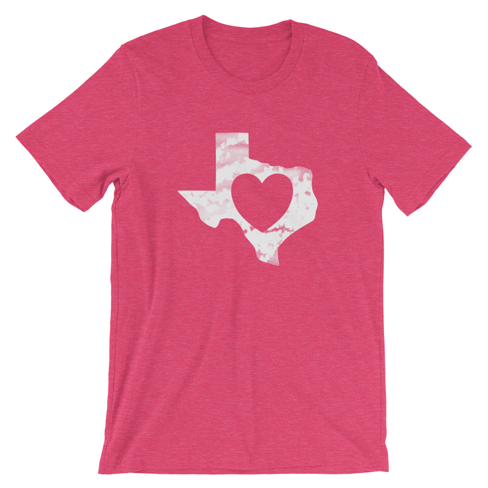 heart shape inside white Texas shape on raspberry-colored shirt