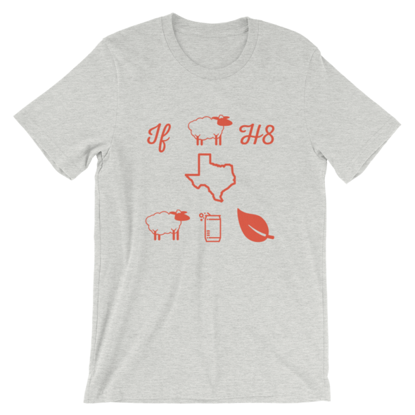 Pictograph design reads "If ewe h8 texas ewe can leaf" on grey t-shirt