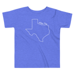 Texas outline with 'mini tex' above it on blue toddler shirt