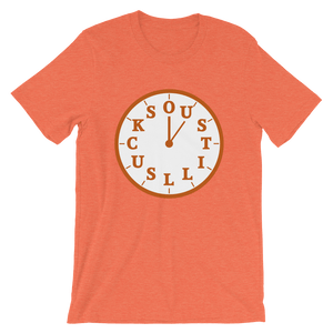"OU STILL SUCKS" makes up the numbers of a white clock, on orange shirt