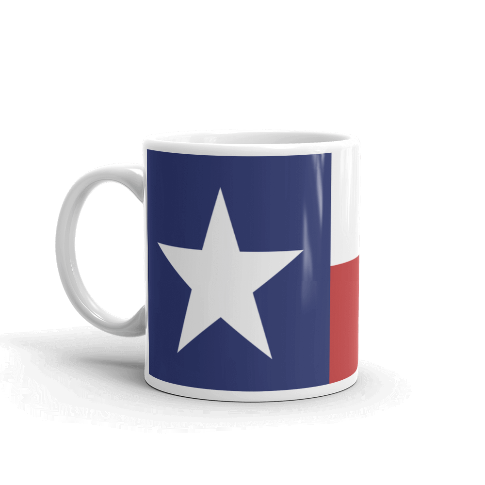 Coffee mug with Texas flag print showing handle