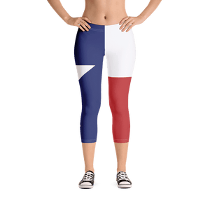 Texas flag leggings on lady, below torso, from front