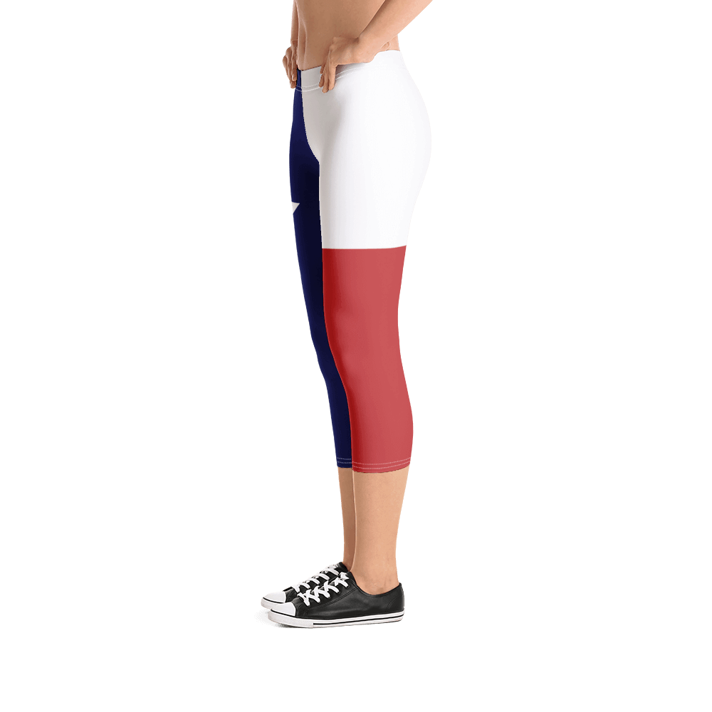 Texas flag leggings on lady, below torso, from left