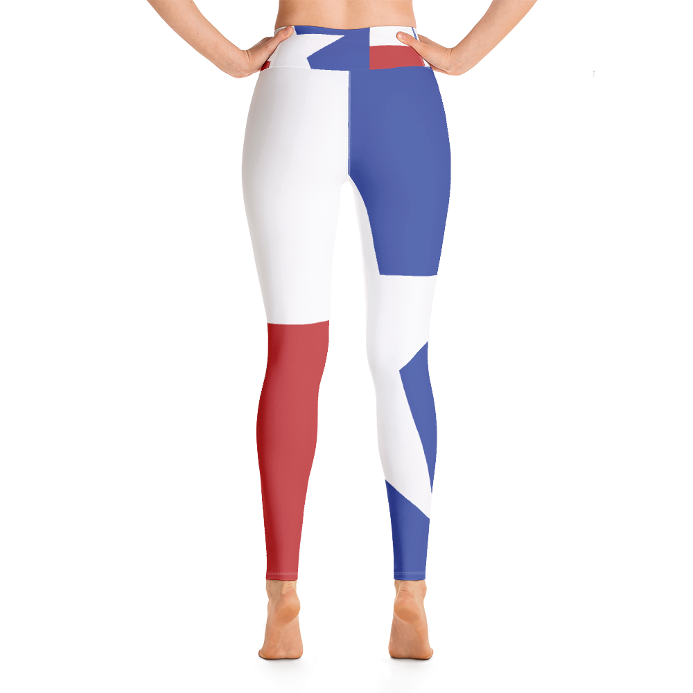 Texas flag pattern on yoga pants, on model below torso