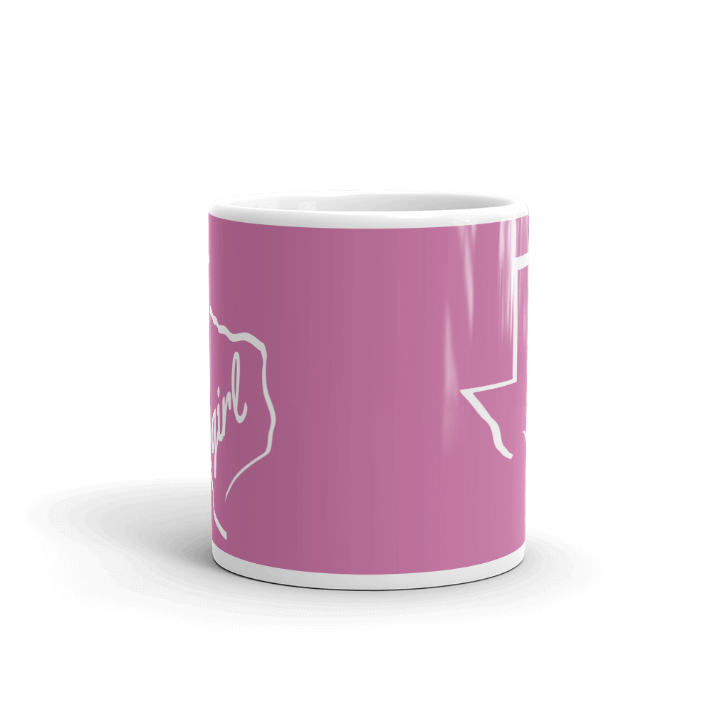 11oz coffee mug with Texas girl design, white on dark pink
